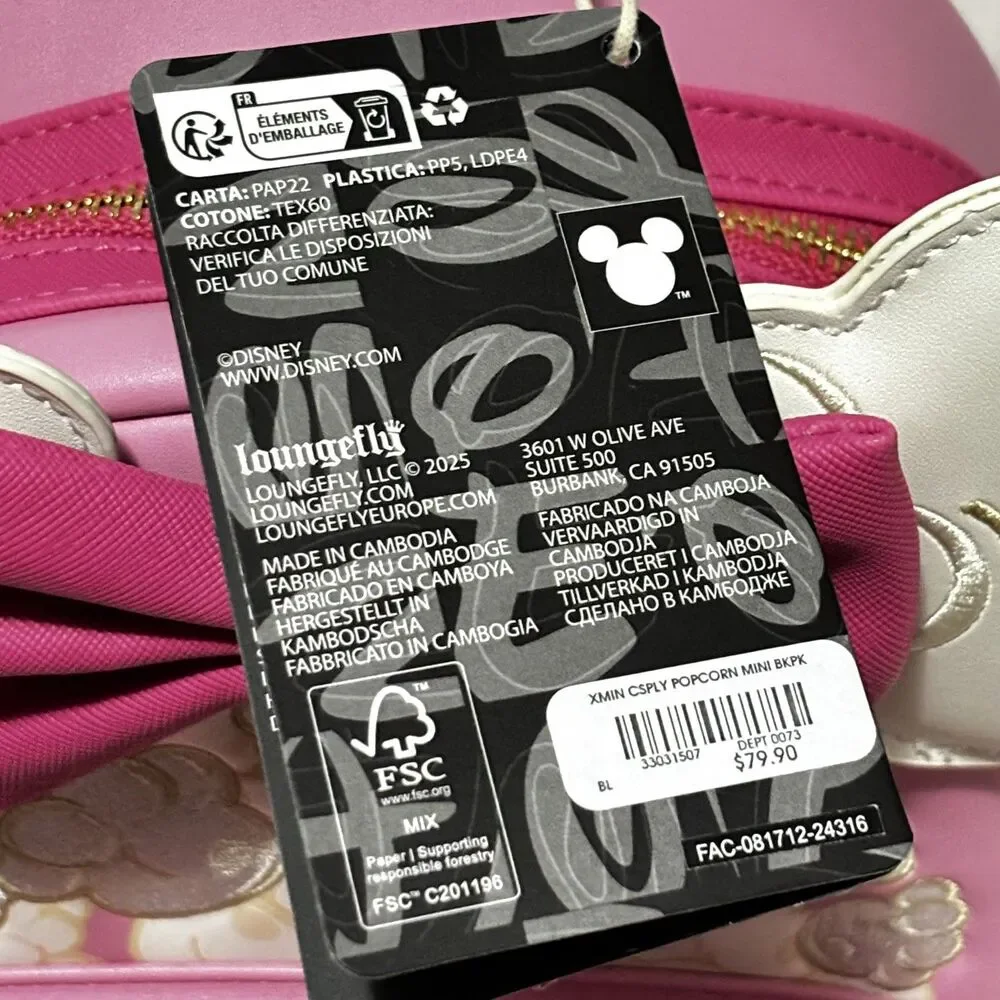 Loungefly Disney Minnie Mouse Mini Backpack Pink & White Popcorn Ears NWT
